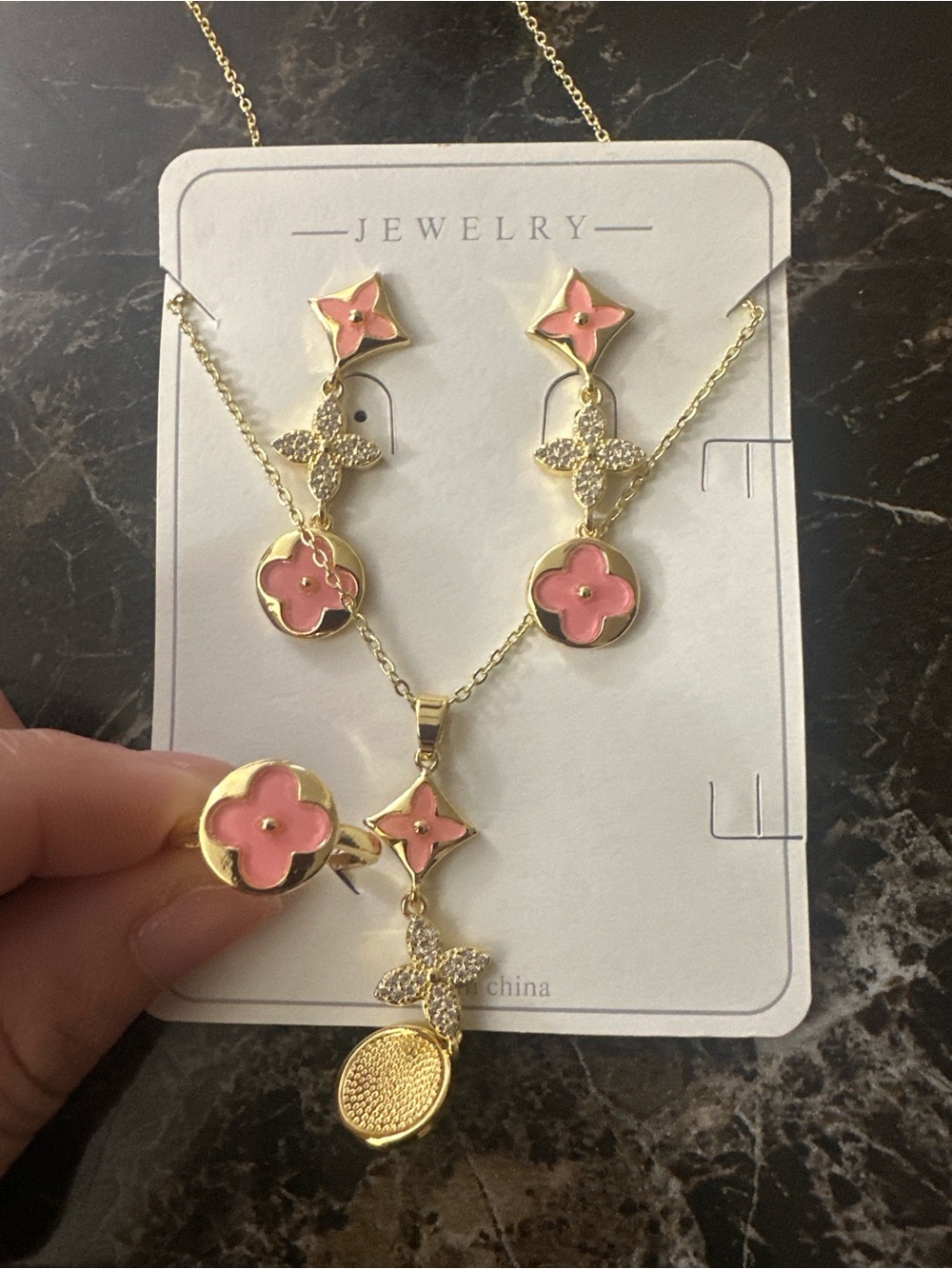 Fashion Jewelry Gold-Tone Set with Pink Floral Accents